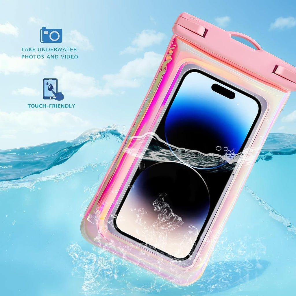 Floatable Waterproof Phone Pouch Case for iPhone 16 Pro Max/15/14/13/12, IP68 Travel Cellphone Dry Bag, Beach Cruise Ship Essentials Bags with Crossbody Lanyard, Iridescent Pink 1 Pack