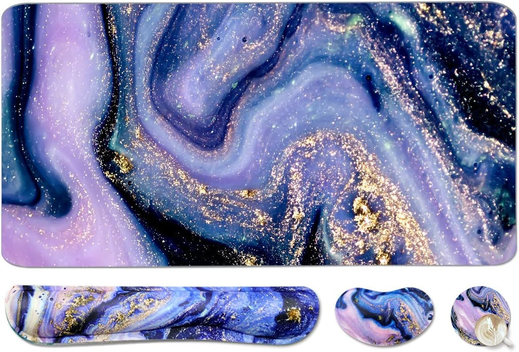 4-in-1 Large Gaming Mouse Pad and Keyboard Wrist Rest, Desk Pad for Keyboard and Mouse, Non-Slip Desk Mat for Home Office Study Game-Purple Marble