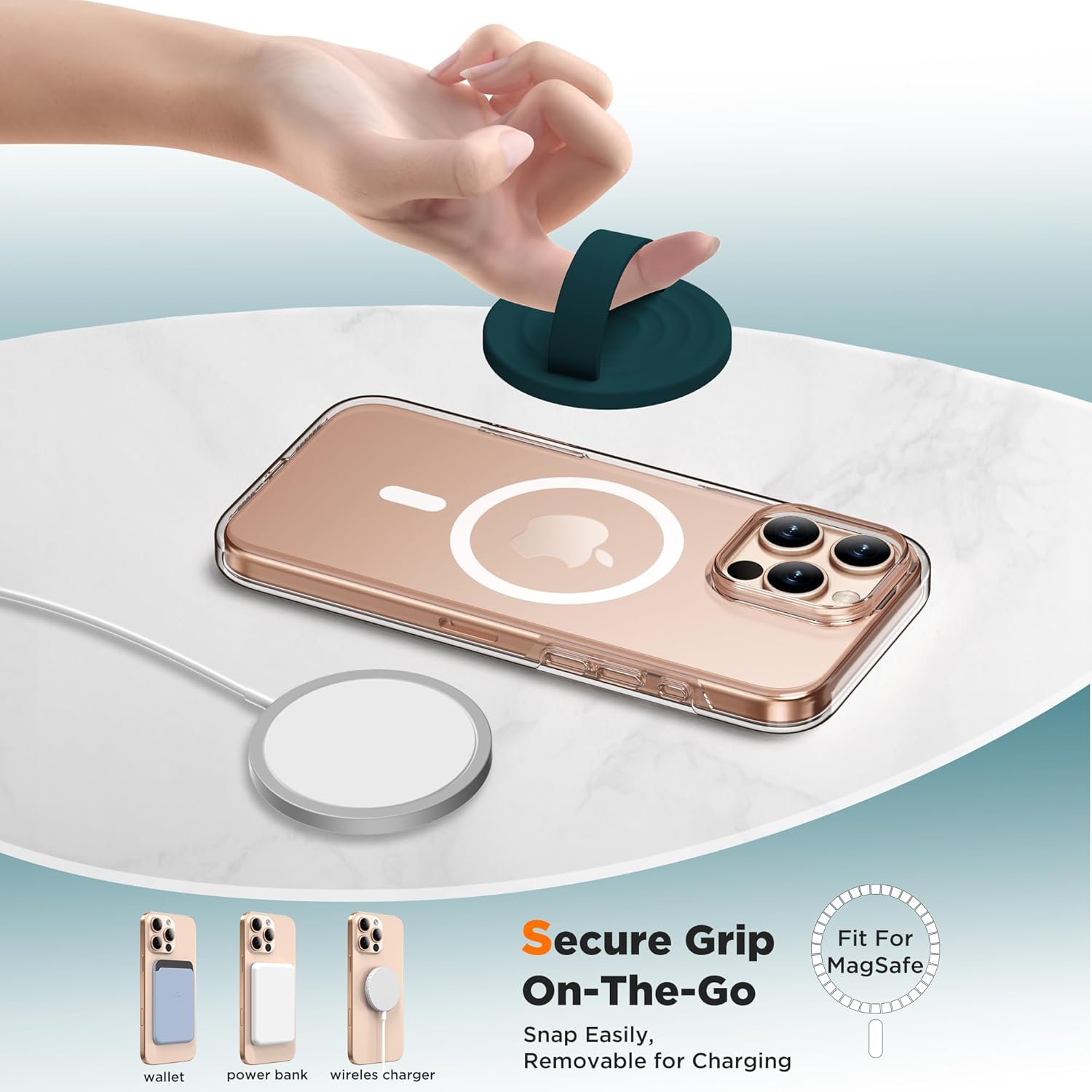 Magnetic Phone Ring Grip Holder, Silicone Finger Loop Grip, Compatible with MasSafe, Back of Phone for iPhone Pro Max/Plus/16/15/15/14/13/12 Series, Dark Green