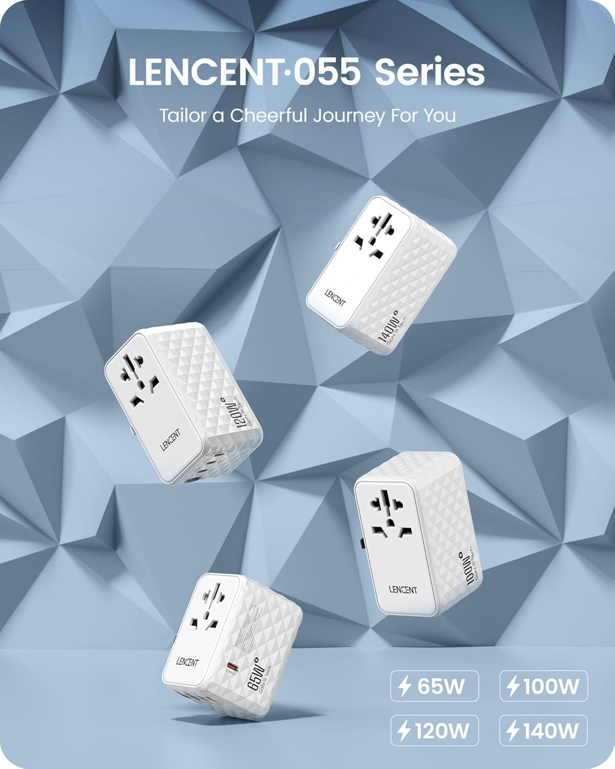 LENCENT 140W International Travel Adapter, GaN Universal Travel Adapter with 1 USB-A & 3 Type C Power Adapter, Fast Charger for Phone,Laptops, Worldwide Plug Adapter for USA/UK/EU/AUS, White