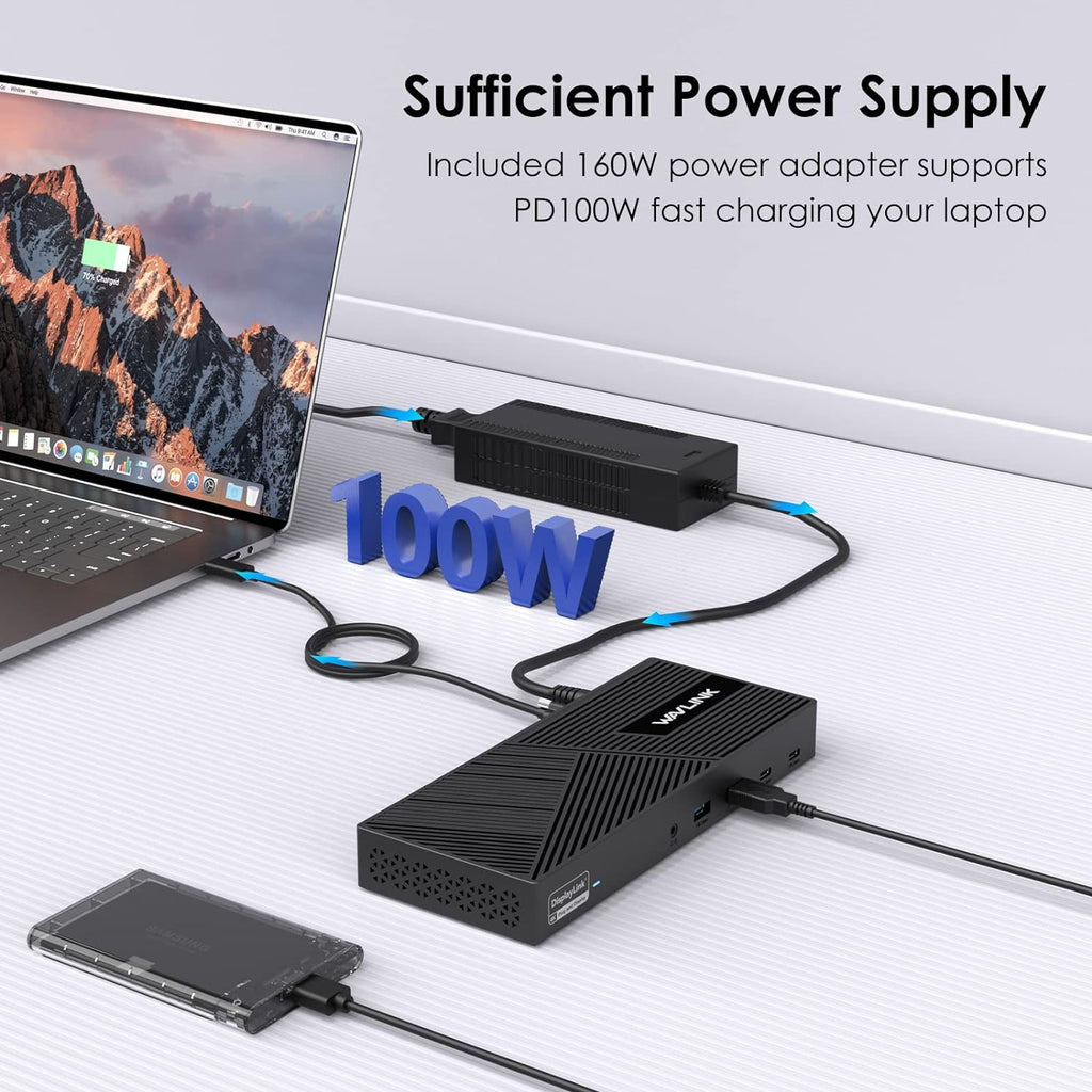 WAVLINK DisplayLink Docking Station Triple Monitor 4K@60Hz for 3 Monitors, 100W Charging for Thunderbolt 4/3, USB C M1 M2 M3 M4 Mac/Windows/Chrome - 3 HDMI, 2 DP, 6 USB Ports, 160W Power, LAN, Audio