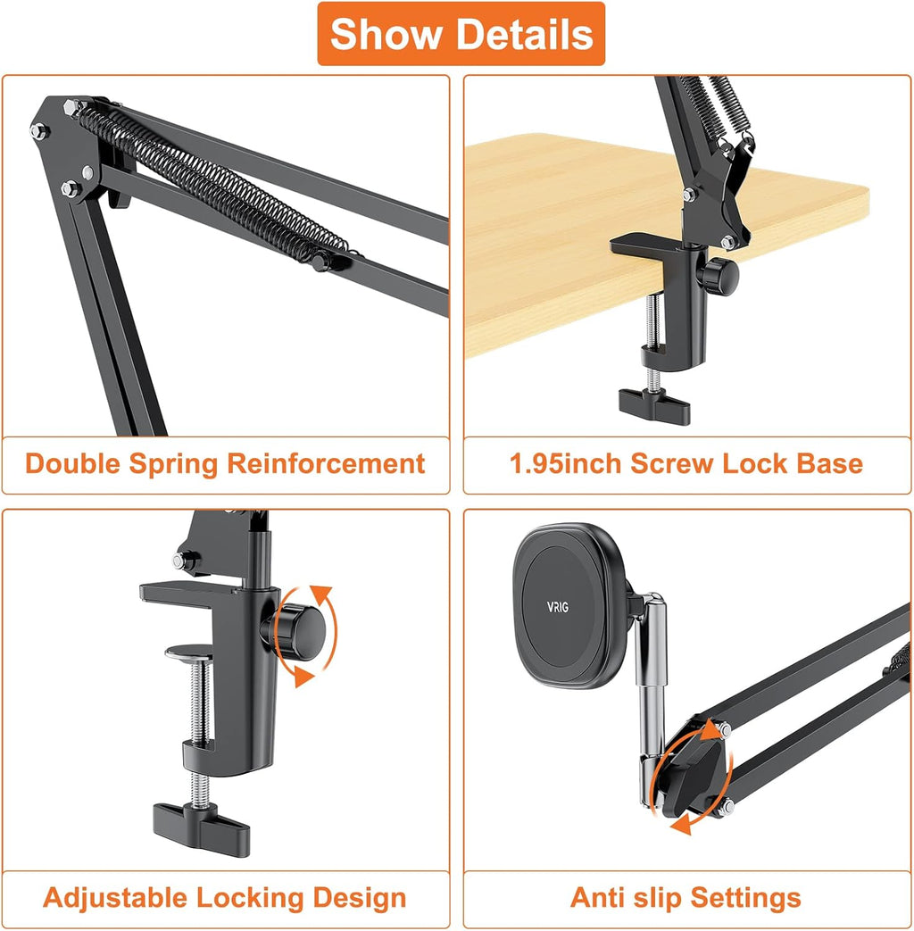 UURIG Overhead Phone Mount Stand with Magsafe, Articulating Arm Cell Phone Holder for Desk, Cell Phone Holder for Live Streams, Zoom Calls, Online Teaching, Selfies, Remote Working