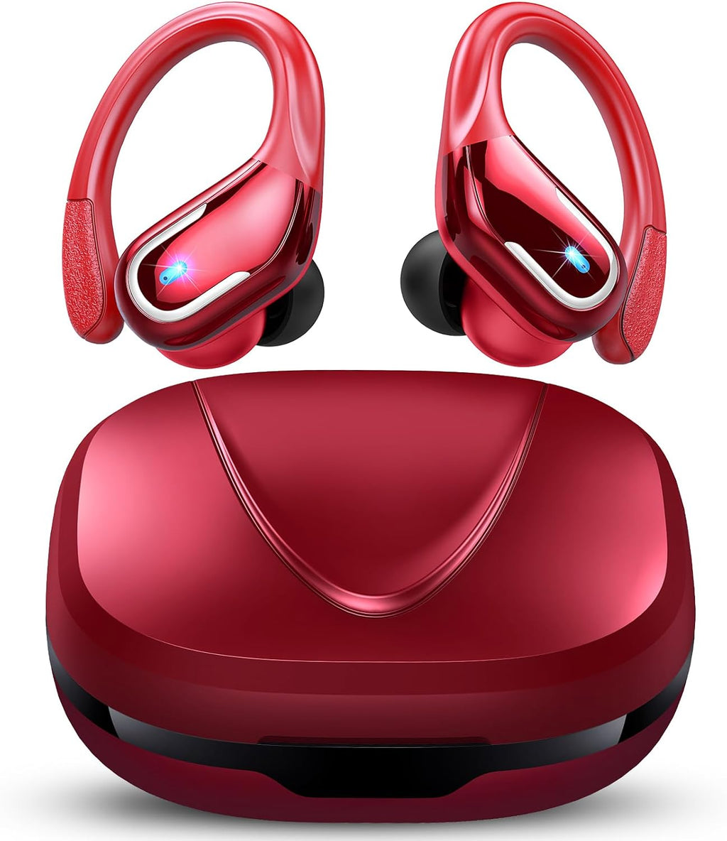 Ltinist Wireless Earbud, Bluetooh 5.4 Headphones Pure Bass Sound with Earhooks, 75H Battery in-Ear Sport Earbud with Dual-LED Display, IP7 Waterproof Earphones Built-in Microphone for Running, Red