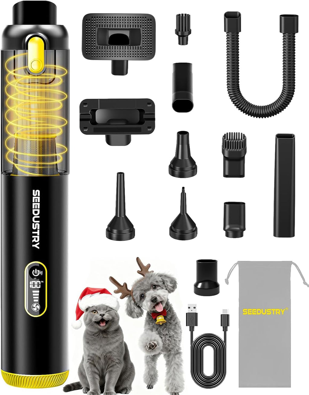 SEEDUSTRY Handheld Vacuum Cleaner Cordless, Mini Car Vacuum/Portable Pet Grooming Vacuum Cleaner, 3 Suction Modes-Up to 18000pa, 6 Blow & Suck & Deflate & Inflate Nozzles for Car, Pet, Office, Home