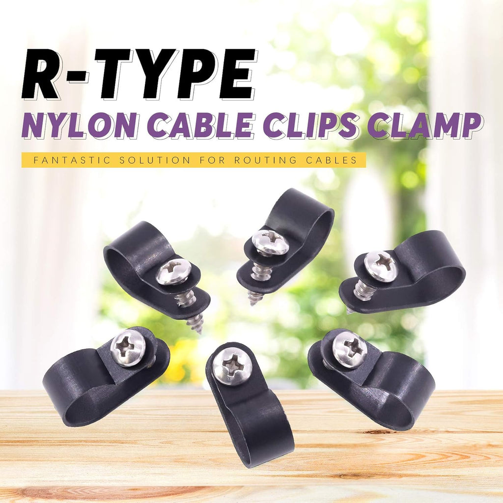 Swpeet 120 Pack Black 1/2 Inch Nylon Plastic R-Type Cable Clips Clamp Kit, Nylon Screw Mounting Cord Fastener Clips with 120 Pack Screws for Wire Management (1/2 Inch, Black)