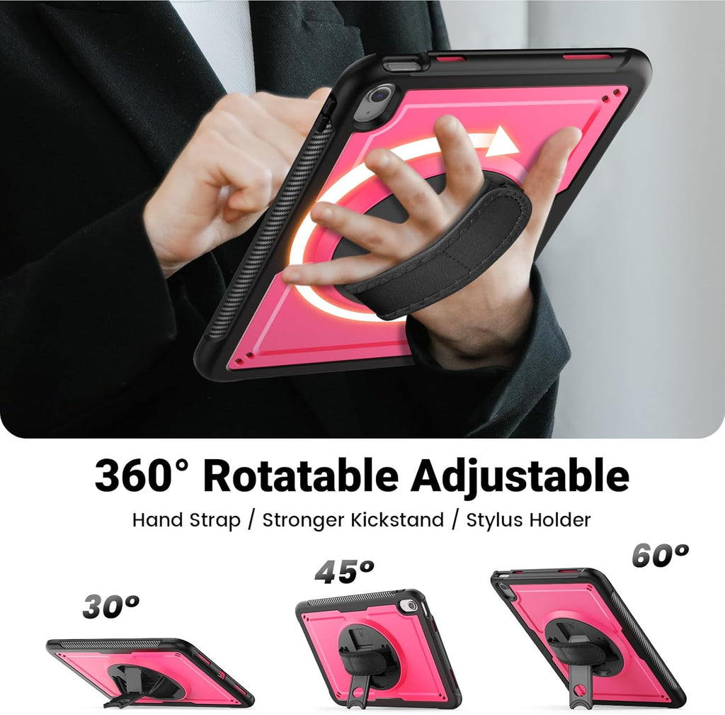 SCSVPN Case for iPad (A16) 11th Generation 11 Inch 2025 / 10th Generation 10.9 Inch 2022, Shockproof Protective Case with Screen Protector, Pencil Holder, Rotating Stand, Hand/Shoulder Strap - Rose