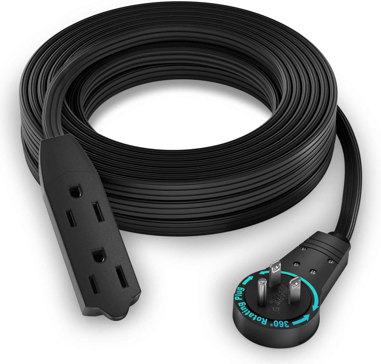 Maximm Cable 20 Ft 360° Rotating Flat Plug Extension Cord, 16/3 AWG Multi 3 Outlet 3-Prong Grounded Wire- Black - UL Certified