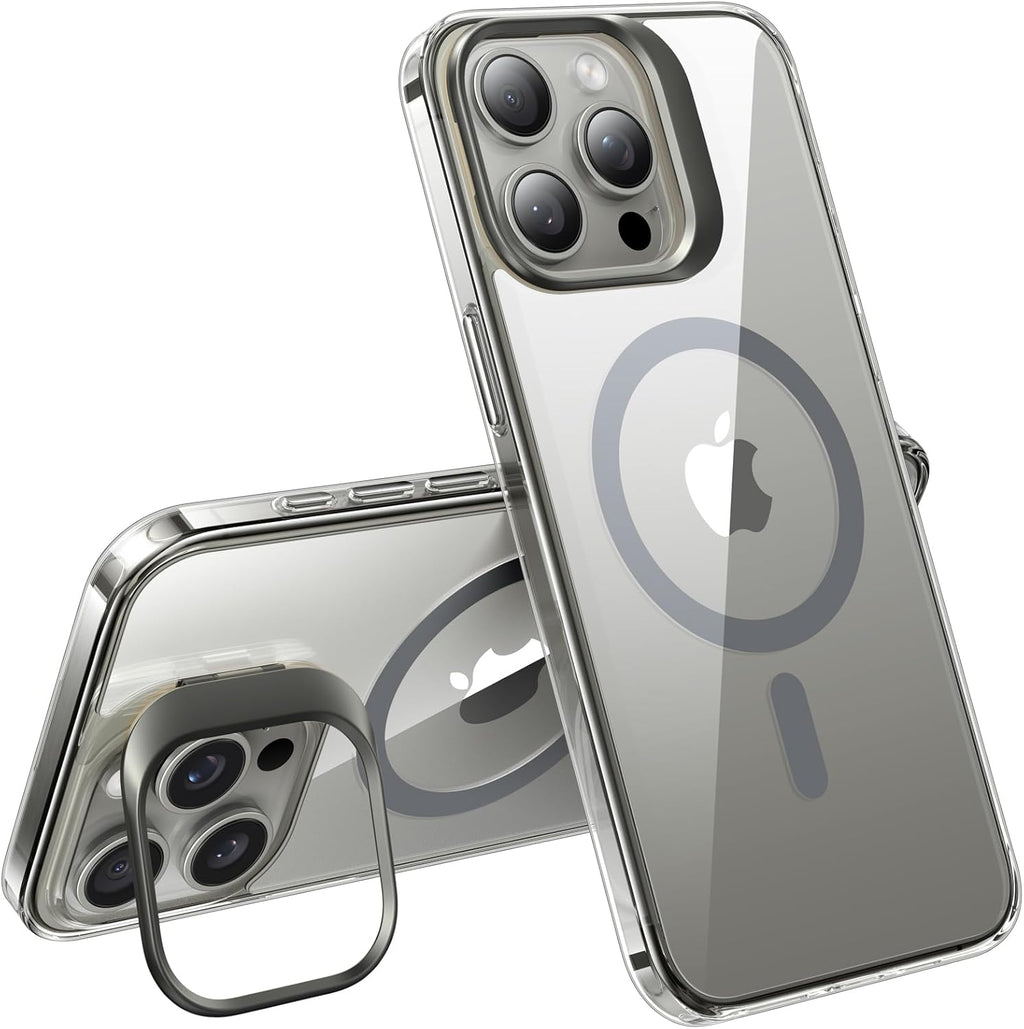 TORRAS Magnetic for iPhone 15 Pro Max Case [Anti-Yellowing][Compatible with MagSafe][Military-Grade Protection][Built-in Invisible Stand] Slim Hard Back Soft Edge, Clear Grey