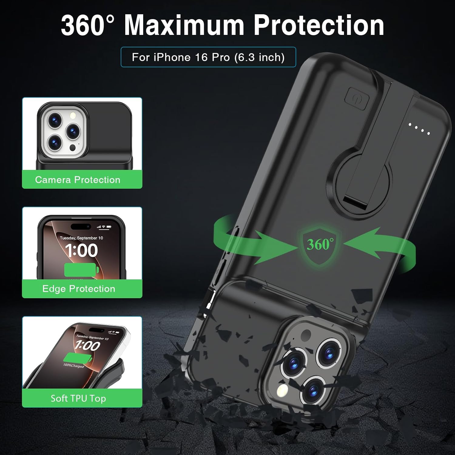 GIN FOXI Battery Case for iPhone 16 Pro, Charging Case with Stand 8500mAh Rechargeable Ultra-Slim Anti-Fall Protection Extended Battery Pack Charger Cover for iPhone 16 Pro Battery Case 6.3" Black