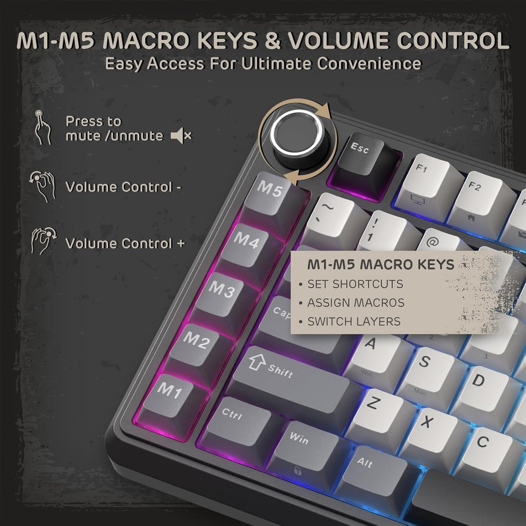 RK ROYAL KLUDGE L75 Gasket Mount Mechanical Keyboard w/Knob/Macro Keys & Touchable Nameplate, Tri-Mode 75% TKL Wireless Keyboard BT/2.4G/USB-C, Hot Swappable, Pro Software, Massive 8000mAh Battery