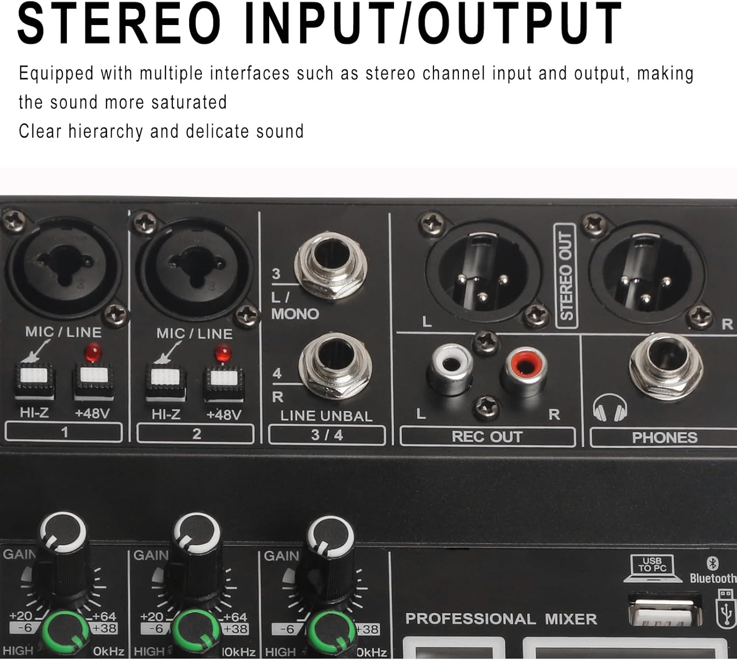 Dj Mixers, 4 Channel Audio Mixer, Sound Board with Bluetooth Player, Usb Audio Interface with 48V Phantom Power, Sounds Mixer Board with 99 DSP FX Reverb Delay Effect