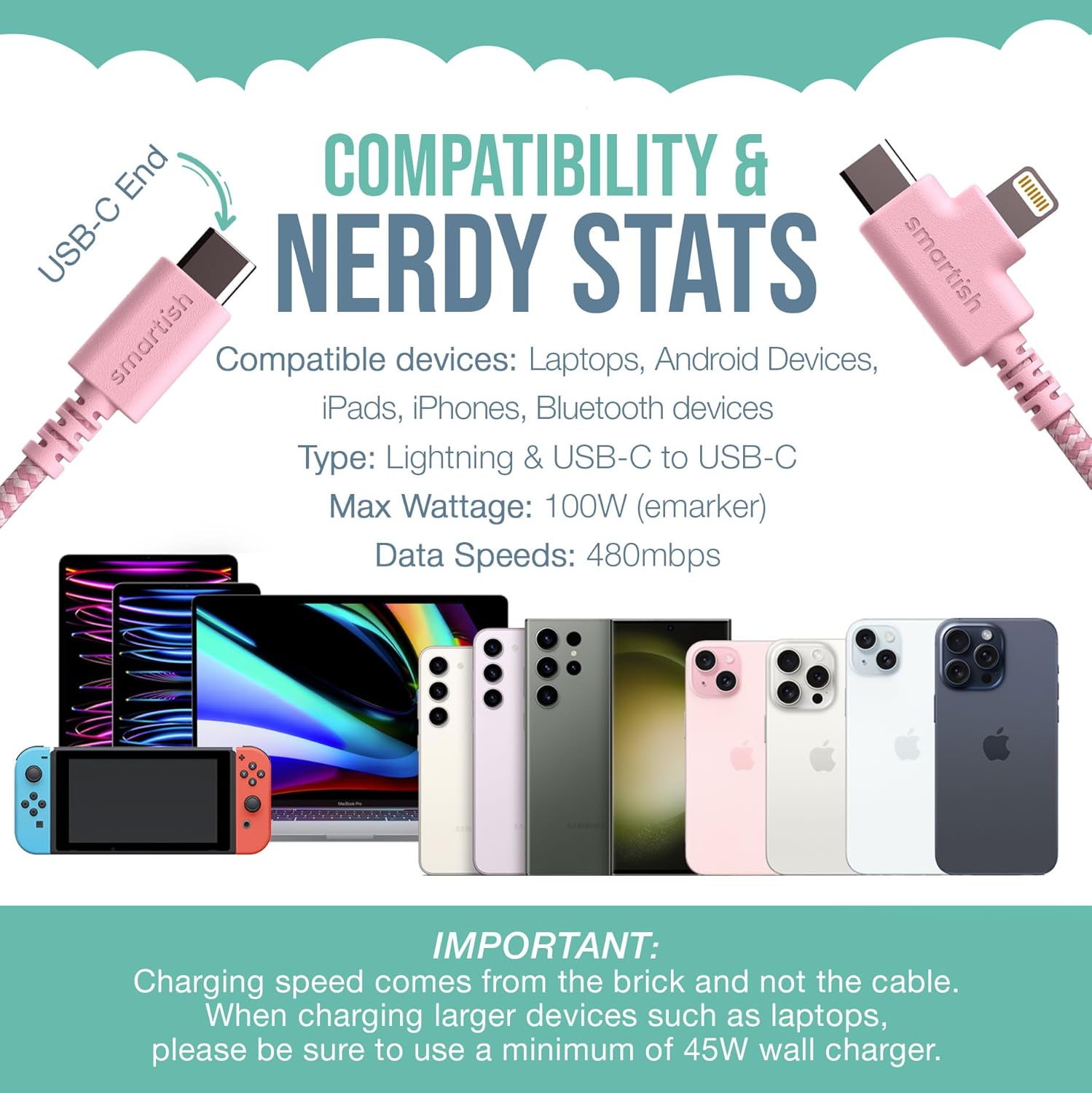 Smartish 2 in 1 USB C to USB C/Lightning Cable - Crown Joule - 6 Ft Fabric Wrapped Fast Charging Cord - for iPhone, Galaxy, Pixel - 100W Dual Fast Charger for Phones/Laptops - I'm Blushing