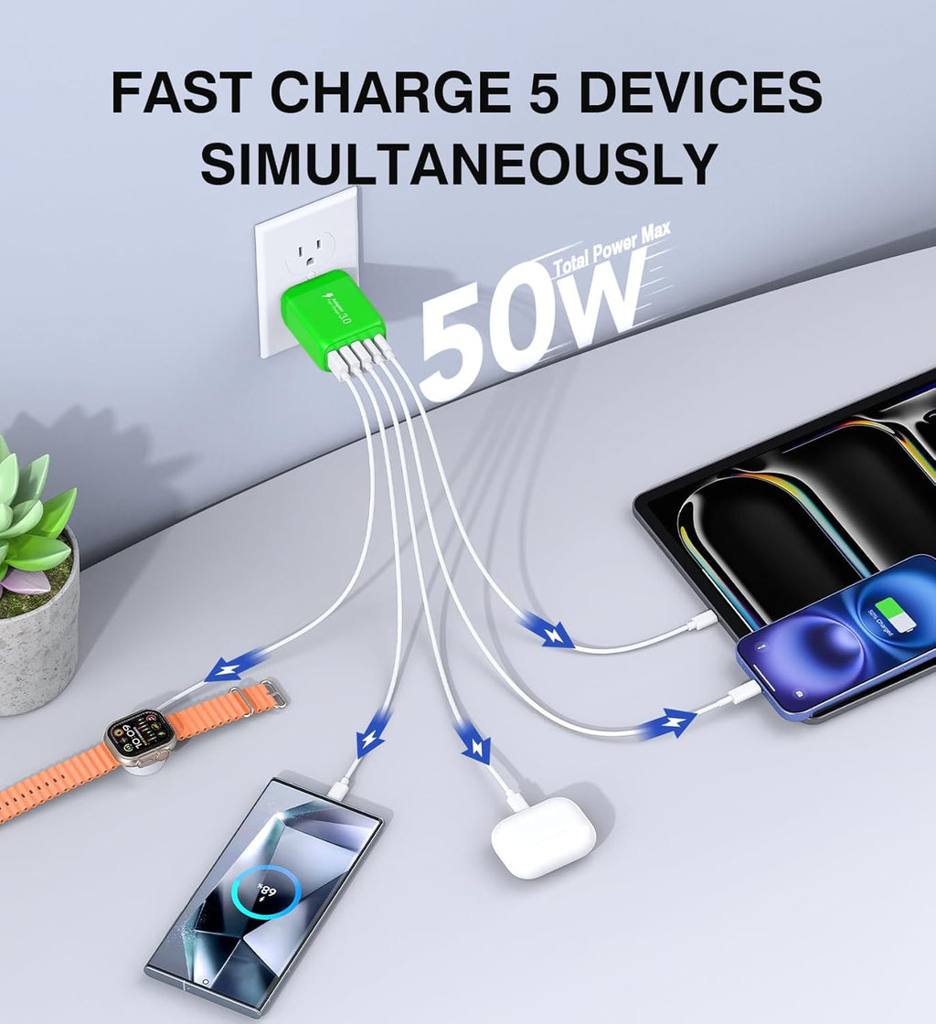50W USB C Wall Charger Block,5-Port C Charger Fast Charging Block PD Power Adapter +QC 3.0 Multiport Type C Box Charger Cube USB A Wall Plug for iPhone 16/15/14/13 Pro Max Plus,Samsung(Green)(2-Pack)