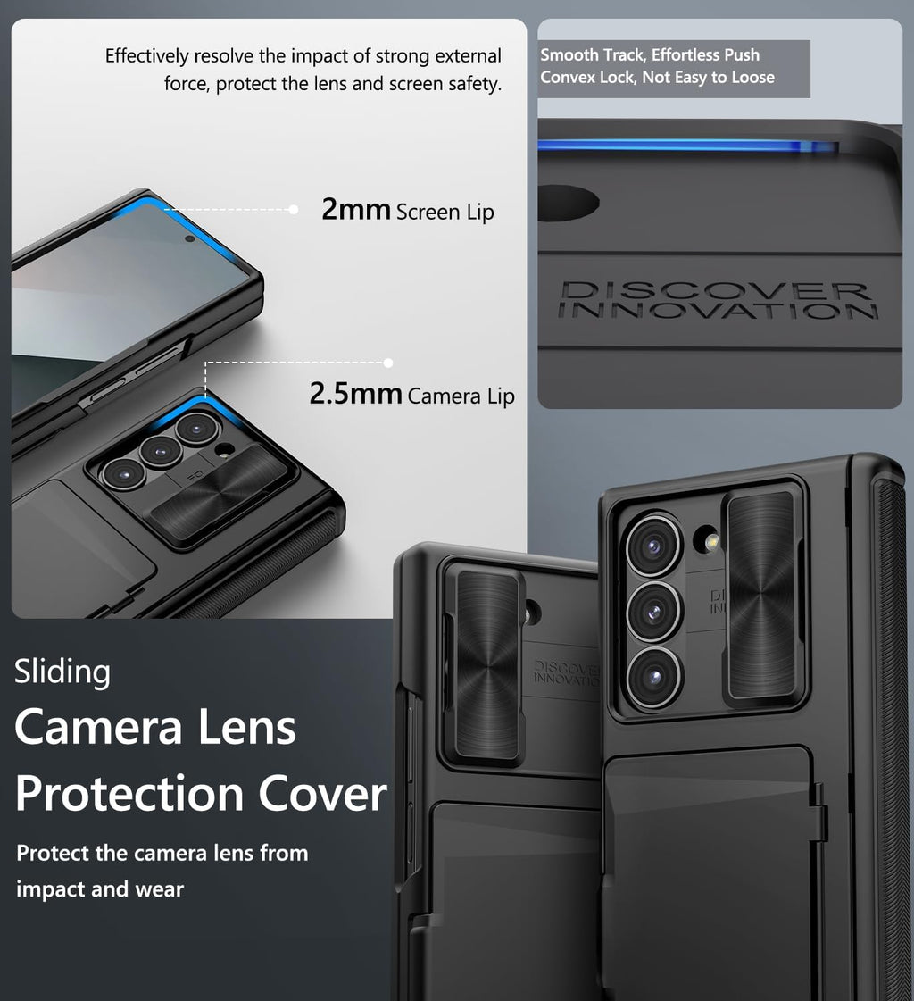 Vihibii for Samsung Galaxy Z Fold 6 Case with Card Holder & Slide Camera Cover & Screen Protector & Hinge Protection, Heavy Duty Rugged Wallet Phone Case for Samsung Galaxy Z Fold 6 2024, Black