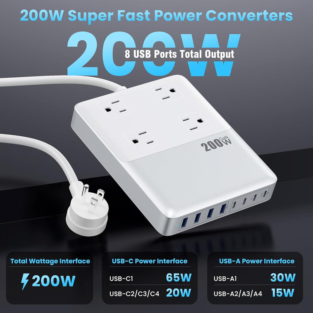 12-in-1 Charging Station USB C Power Strip with 5ft Cord,200W GaN IV USB C Charger Block,4 AC Outlets,4 USB-A,4 USB-C for MacBook,iPhone 16/15/14,Fast Charging Desktop Charger for Office (A-White)