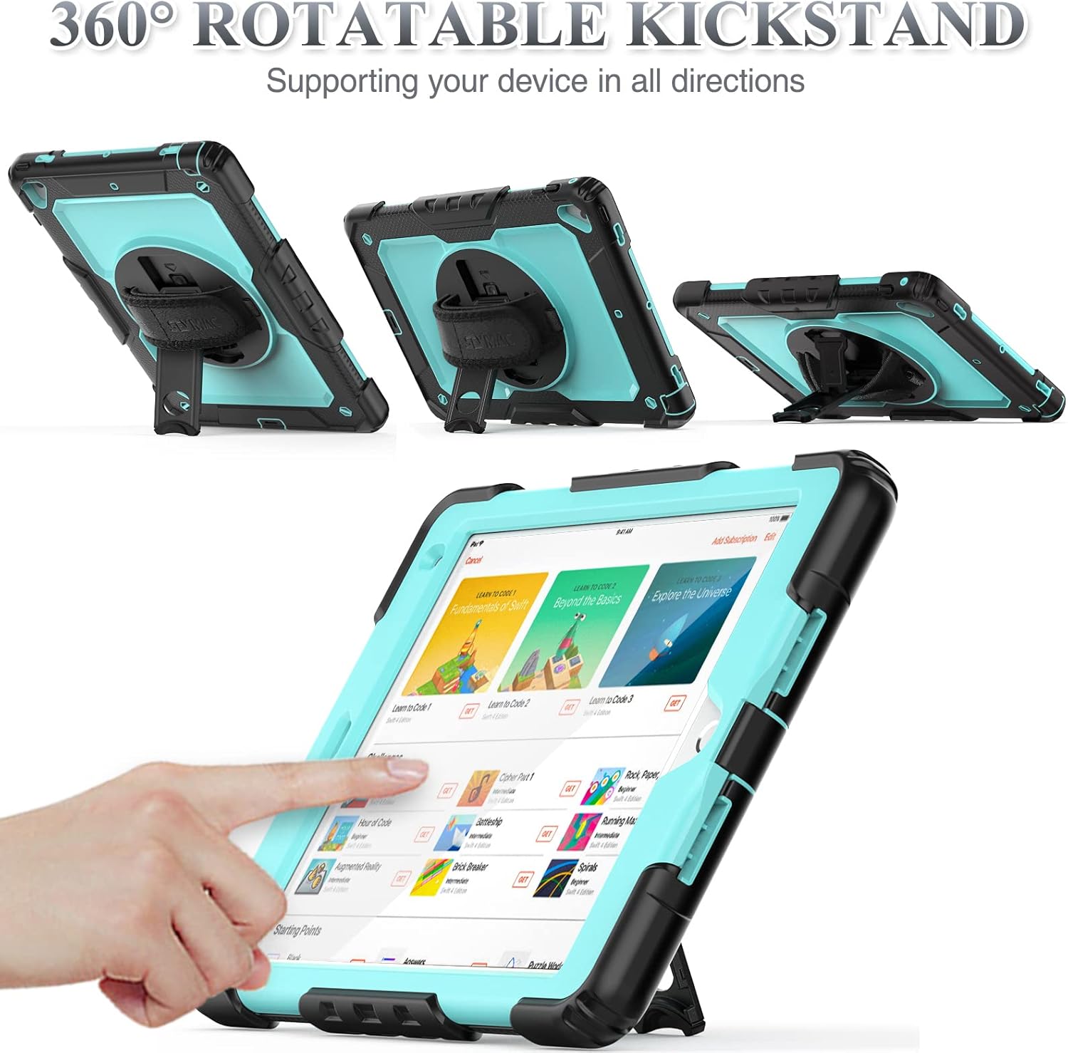 SEYMAC stock Case for iPad 6th / 5th Generation Case/Air 2 / Pro 9.7 inch, Heavy Duty Protective with Screen Protector, with Pencil Holder, Hand Strap, Shoulder Strap, 360 Rotate Stand, SkyBlue+Black