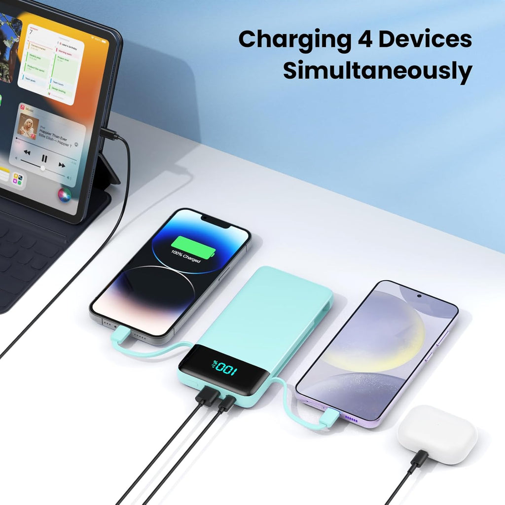 Portable Charger for iPhone with Built in Cables and Wall Plug,Upgraded 13800mAh Fast Charging USB C Power Bank,4 Outputs Travel Essential Battery Pack Compatible with iPhone 15/14/13/12,Samsung-Green