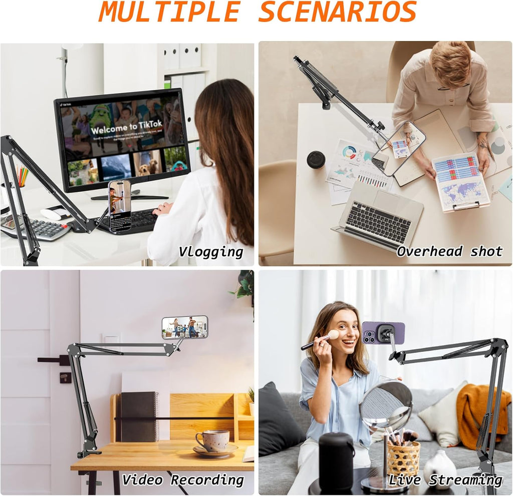 VRIG Magnetic Phone Holder Mount for Desk,MagSafe Flexible Overhead Phone Mount Stand,360° Free Adjustable Long Arm Cell Phone Stand for Desk/Bed for iPhone and More/Android,Magnetic Ring Included