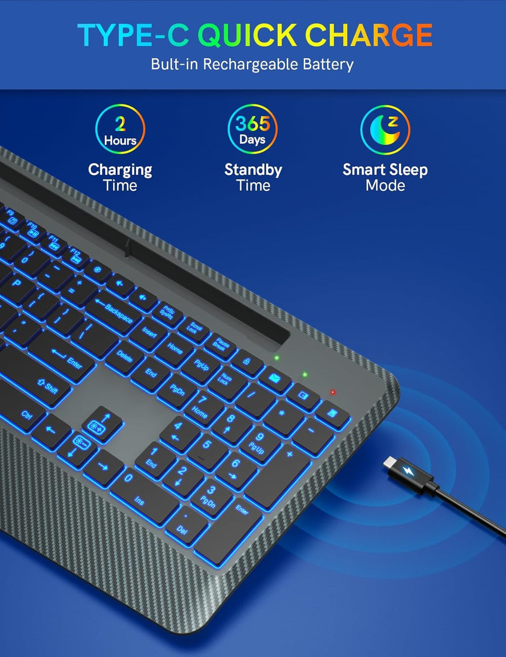 Wireless Keyboard with 7 Colored Backlit, Wrist Rest, Phone Holder, Rechargeable Ergonomic Computer Keyboard with Silent Key, Full Size Lighted Keyboard for Windows, MacBook, PC, Laptop (Gray)