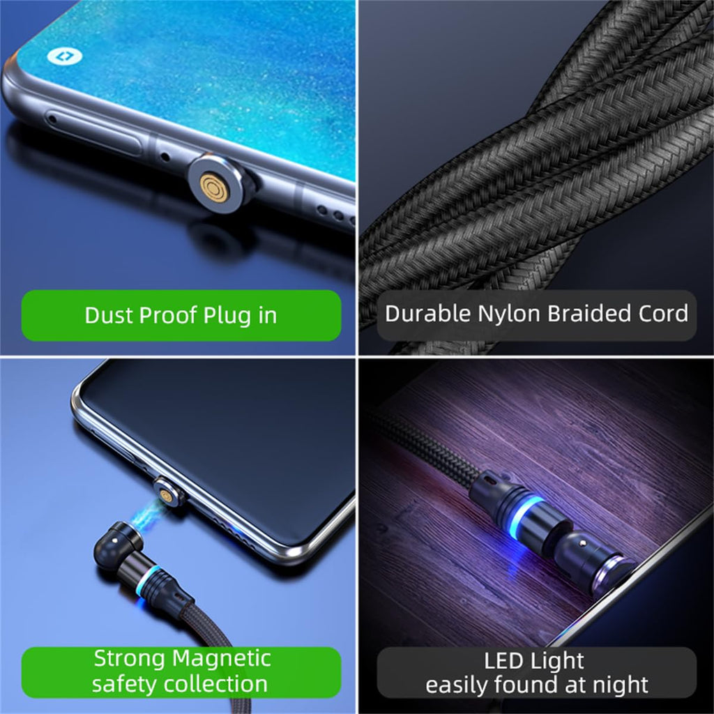 Magnetic Charging Cable (6-Pack,1.6+3.3+3.3+6.6+6.6+10ft) 540° Rotation Magnet Phone Charger USB C Cable 3A Fast Charging Magnetic Charger Cable with LED Light for Micro USB Type C Device