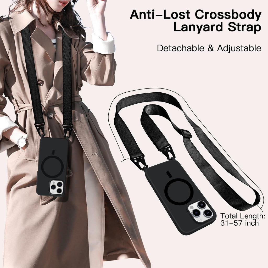 for iPhone 15 Pro Case with Lanyard [Compatible with MagSafe], Crossbody Phone Case with Neck Strap Adjustable, Magnetic Phone Cover for iPhone 15 Pro 6.1'' Black