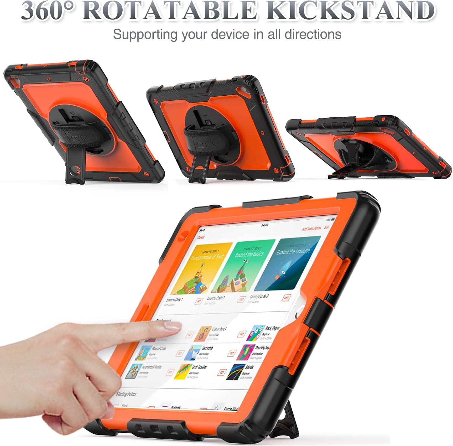 SEYMAC stock Case for iPad 6th / 5th Generation Case/Air 2 / Pro 9.7 inch, Heavy Duty Protective with Screen Protector, with Pencil Holder, Hand Strap, Shoulder Strap, 360 Rotate Stand, Orange+Black