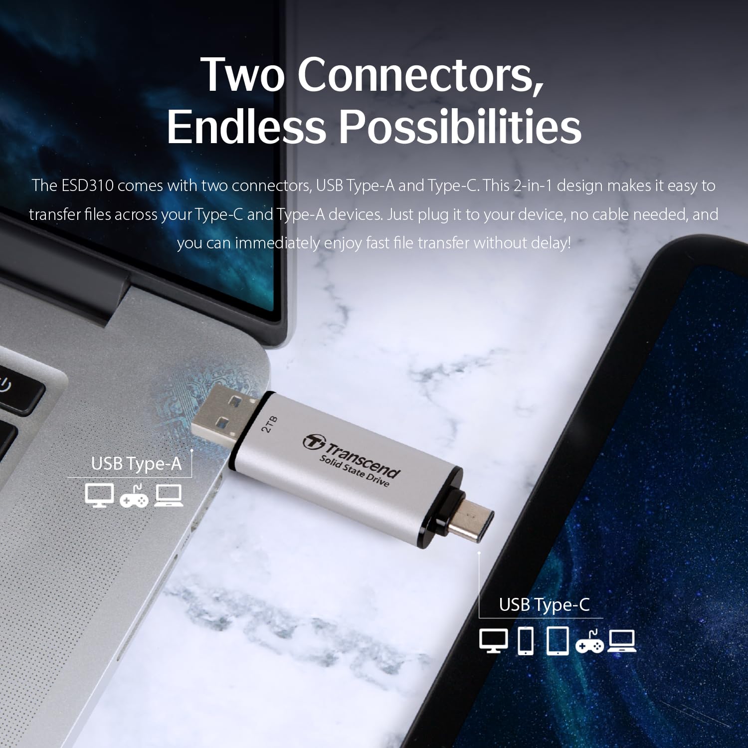 Transcend 2TB External SSD, Up to 1,050MB/s, USB 3.2 Gen 2 Portable SSD, 2-in-1 Type C &Type A, USB Hard Drive for Steam Deck, ROG Ally, MSI Claw, Windows&Mac, iPhone&iPad, Android, PS5&Xbox, Smart TV