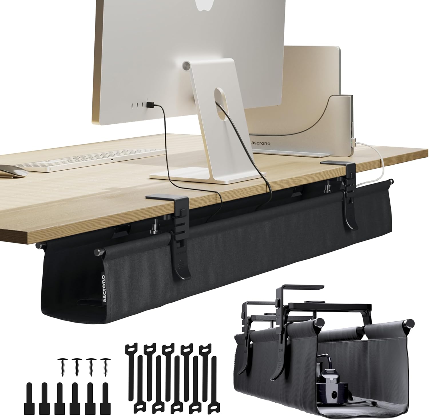 Ascrono Original No Drill Under Desk Cable Management Tray 40.6" - Premium Black Fabric Cable Management Under Desk - Clamp/Screw Mount Cord Organizer - Supports Upto 66lbs - Large