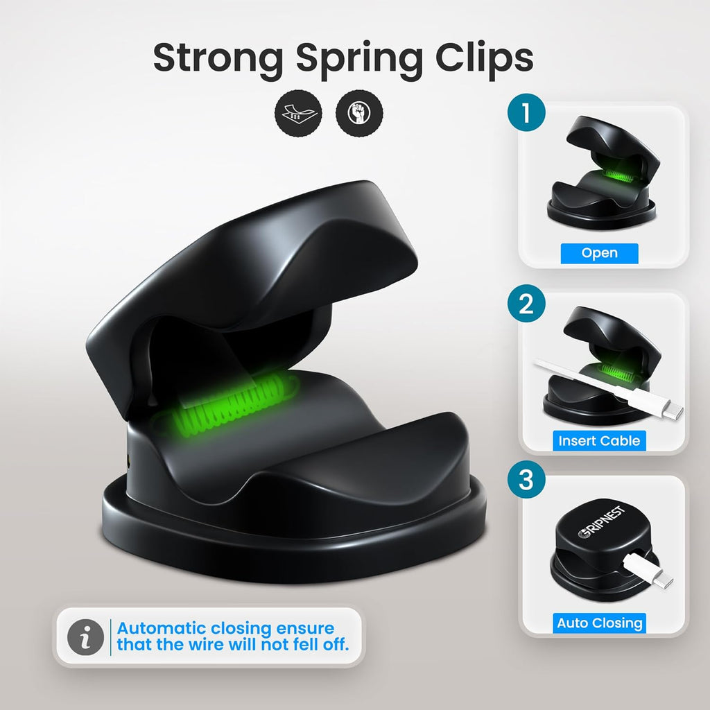 6 Pack Adhesive Cable Clips Black Spring Loaded Cord Holders for Nightstand, Desk, Wall, Car, or Bedside Ideal Charging Cable Organizer for Home or Office Setup