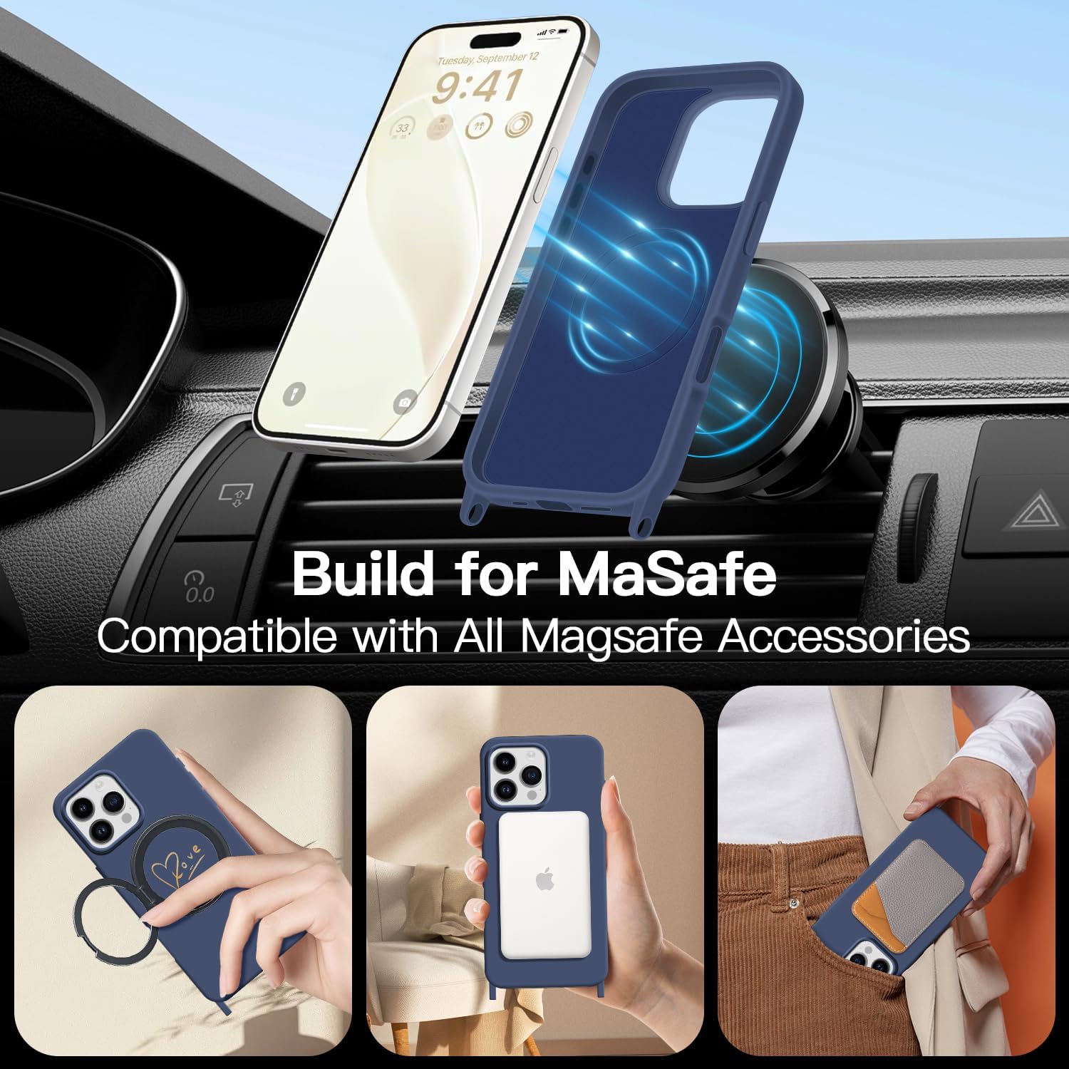 Crossbody Case for iPhone 16 with Strap, [Compatible with MagSafe], Cute Love Heart Silicone Phone Case with Neck Lanyard for Girls Women
