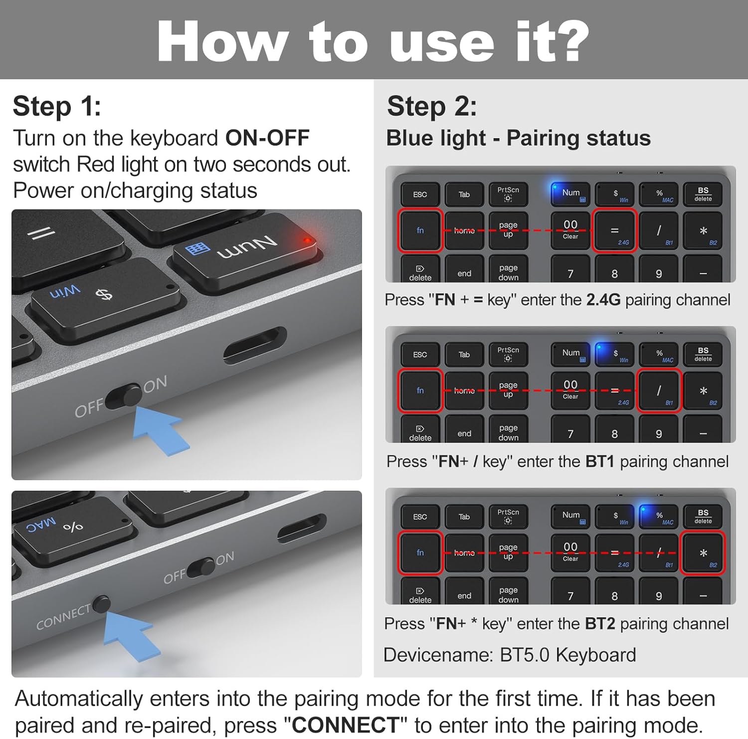 MOFII Bluetooth Number Pad for Laptop - Gray Wireless Numeric Keypad 35 Keys USB-C Rechargeable Numpad, Accounting Portable Financial Data 10 Key for Laptop/PC/Desktop/Notebook/Surface Pro