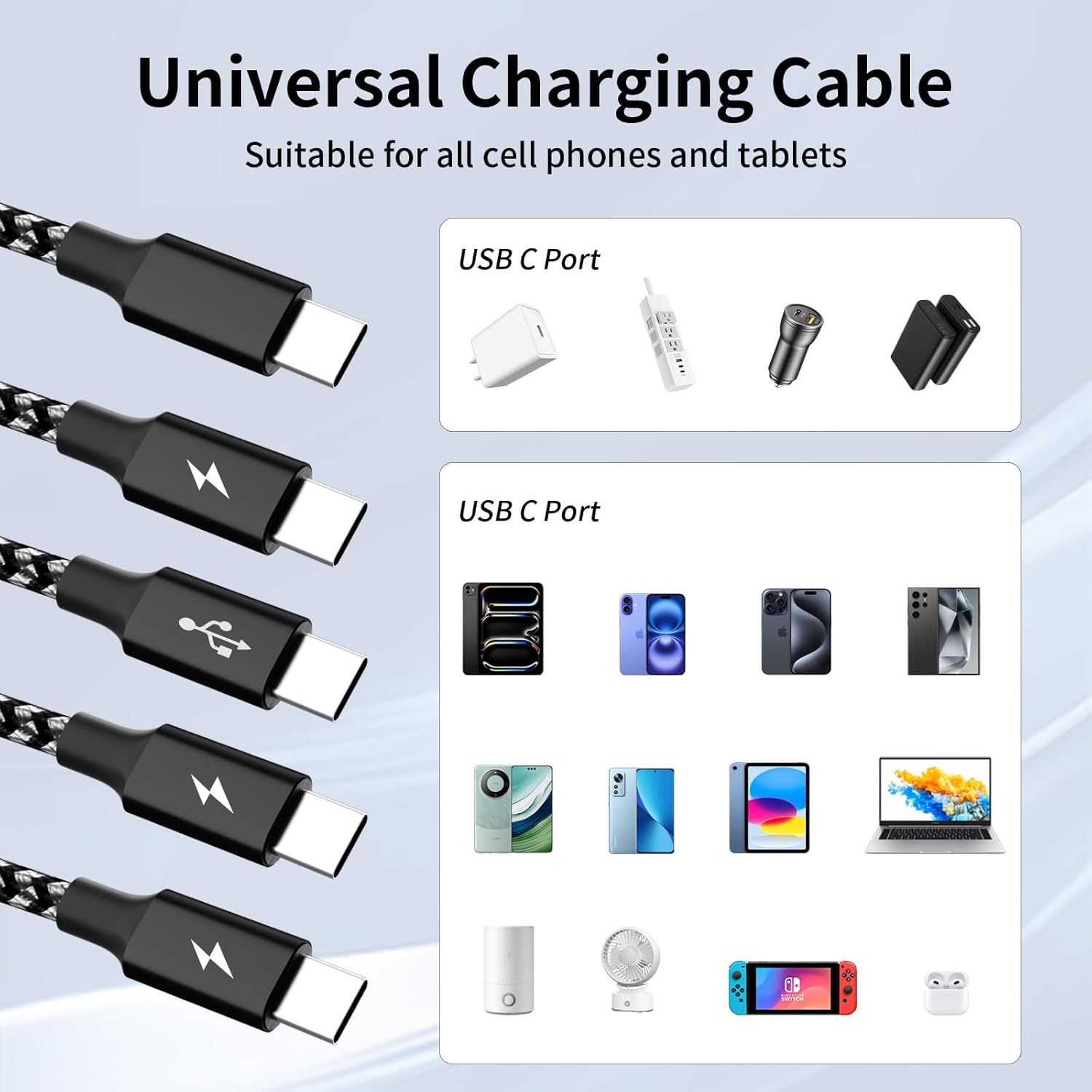 USB C Splitter Multi Charging Cable 2Pack, Dual Type C Charger Cord,4 in 1 Multiple Nylon Braided Cable with 4 Type-C Connectors Compatible with iPhone 15 Pro Max/Samsung Galaxy/Tablets/Google-5FT.