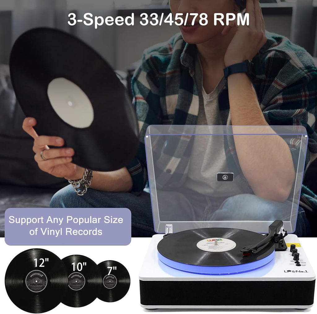 LP&No.1 Record Player with Built-in Stereo Speakers, LED Control, 3-Speed Belt-Drive Vinyl Turntable with USB Playback & Recording, Wireless BT Input & Output, Auto Stop, Pitch Control | White Pearl