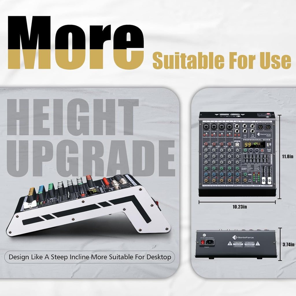 6 Channel Audio Mixer Sound Board Console System 99 DSP DJ Mixer 48V Phantom for Karaoke DJ Studio Streaming Recording