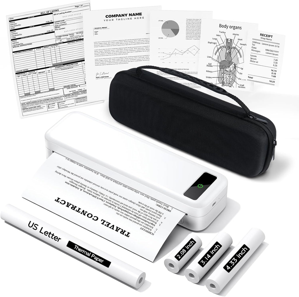 Portable Printers Wireless for Travel, Bluetooth Inkless Thermal Printer, Support 8.5" X 11" US Letter & A4, Small Mobile Printer with Carry Case and 4 Rolls Thermal Paper Kit, for Home Car Receipt