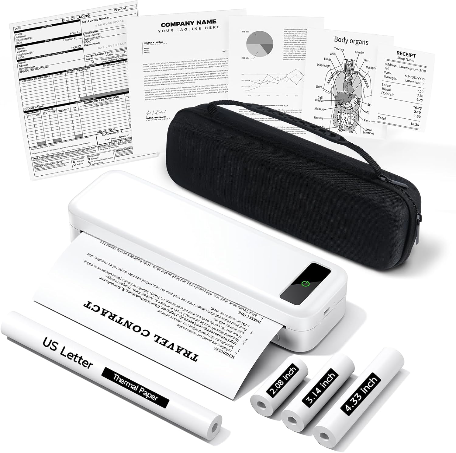 Portable Printers Wireless for Travel, Bluetooth Inkless Thermal Printer, Support 8.5" X 11" US Letter & A4, Small Mobile Printer with Carry Case and 4 Rolls Thermal Paper Kit, for Home Car Receipt