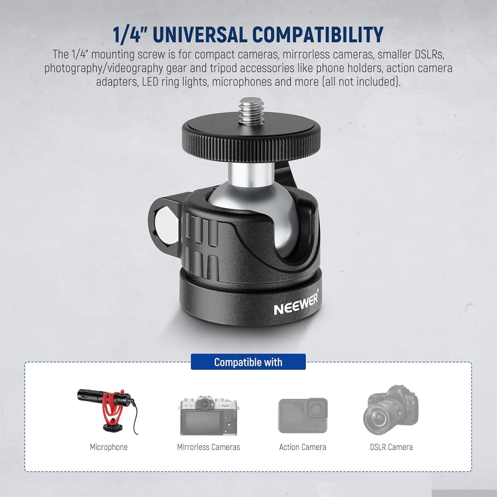 NEEWER Basic Mini Ball Head, Portable Tripod Head Camera Mount Adapter with 1/4" Screw for Compact DSLR Action Cam Phone LED Ring Light Monopod Slider, 4.4lb Max Load, 360° Swivel & 90° Tilt, GM01
