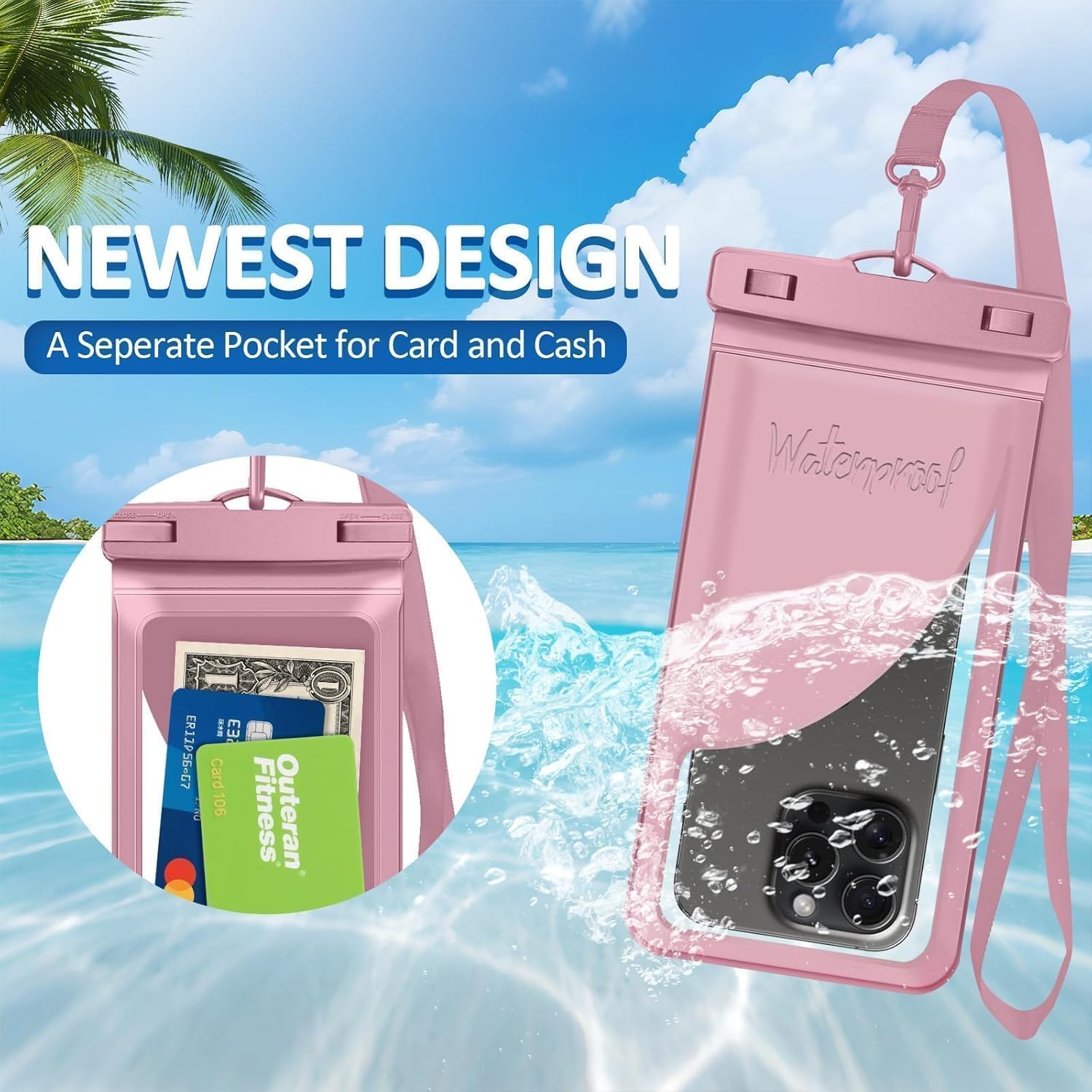 Universal Waterproof Phone Case,with Inside Card Pack,Large Dry Bag Up to 8.3",Compatible with iPhone 16 15 14 13 Pro Max, IPX8 Cellphone Travel Beach Essentials for Beach, 2 Pack-Black &Pink