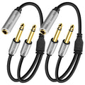 2-Pack 1/4 inch TS Mono Splitter Y Adapter, 6.35mm Mono Female to Dual 6.35 mm TS Mono Male Jack, Quarter inch Audio Speaker Splitter Converter Cable 1 Feet, Gold Plated Connectors