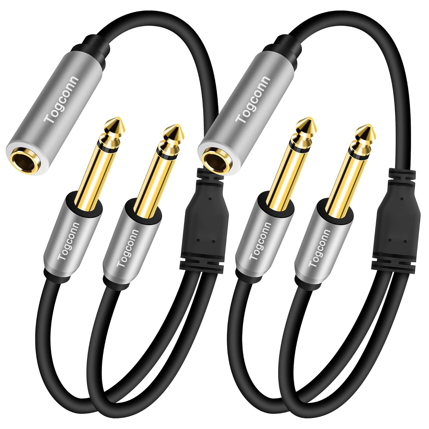 2-Pack 1/4 inch TS Mono Splitter Y Adapter, 6.35mm Mono Female to Dual 6.35 mm TS Mono Male Jack, Quarter inch Audio Speaker Splitter Converter Cable 1 Feet, Gold Plated Connectors