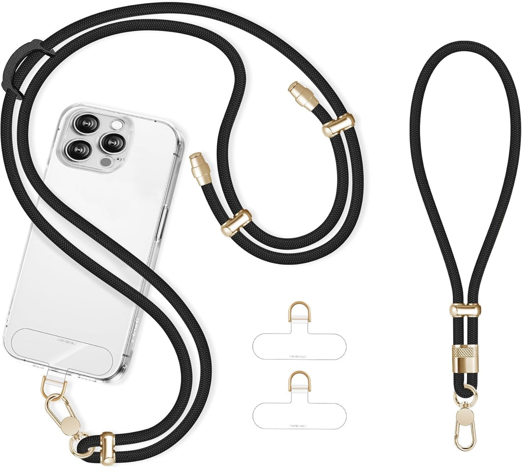 Cell Phone Lanyard Adjustable Crossbody Phone Lanyard *1 Phone Wrist Strap *1 with Deluxe Gold Matal Buckle + Clear Tether Tabs *2 for Shopping Travelling Hiking(BLACK)