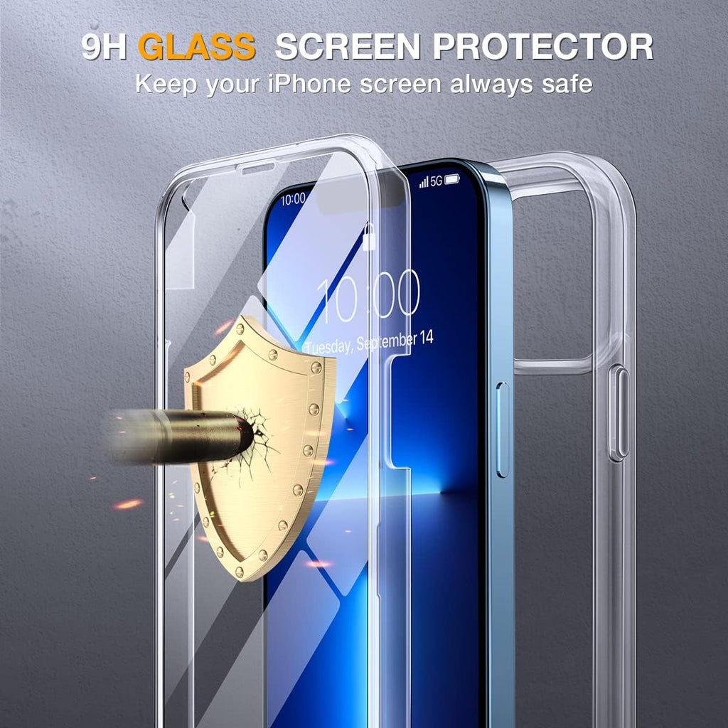Miracase Glass Case for iPhone 13 Pro Max 6.7 inch, Upgrade Full-Body Clear Phone Bumper Case Cover with Built-in 9H Tempered Glass Screen Protector, Clear