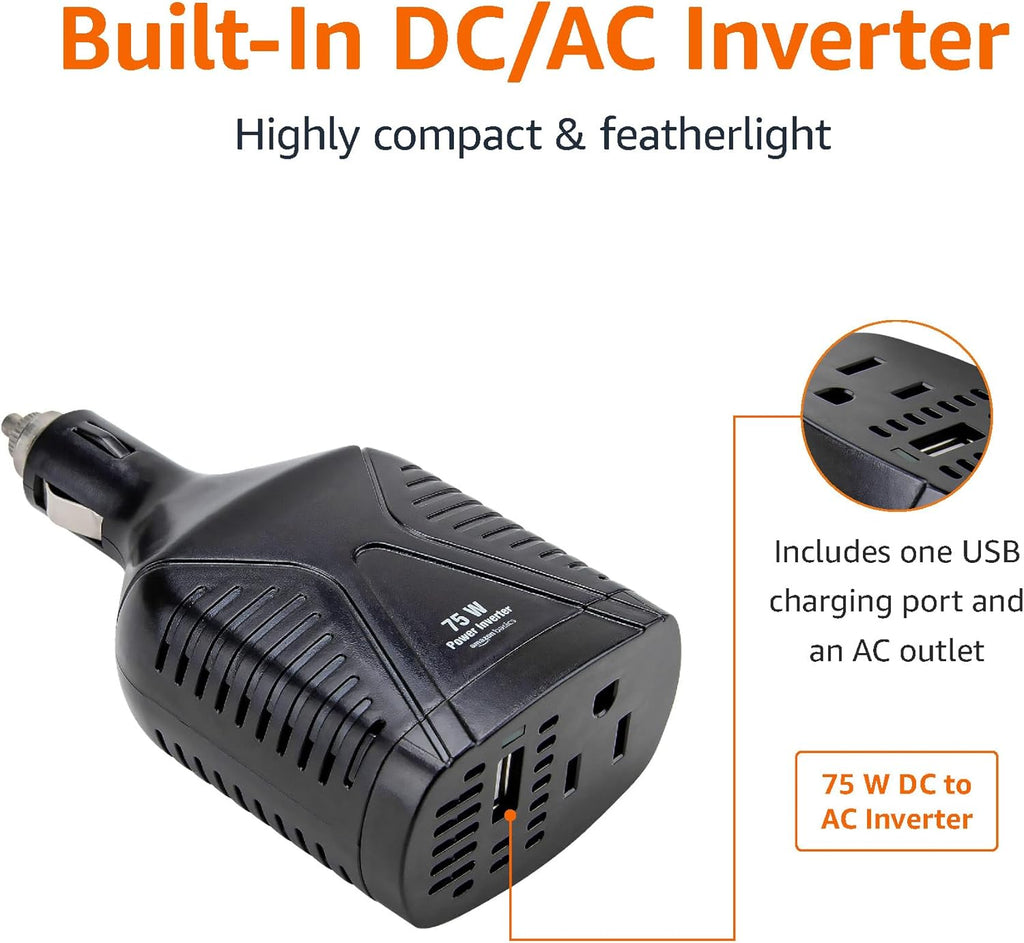 Amazon Basics 75W Car Power Inverter 12V to 110V for Vehicles, Black, 5.07 x 2.65 x 1.6 inches