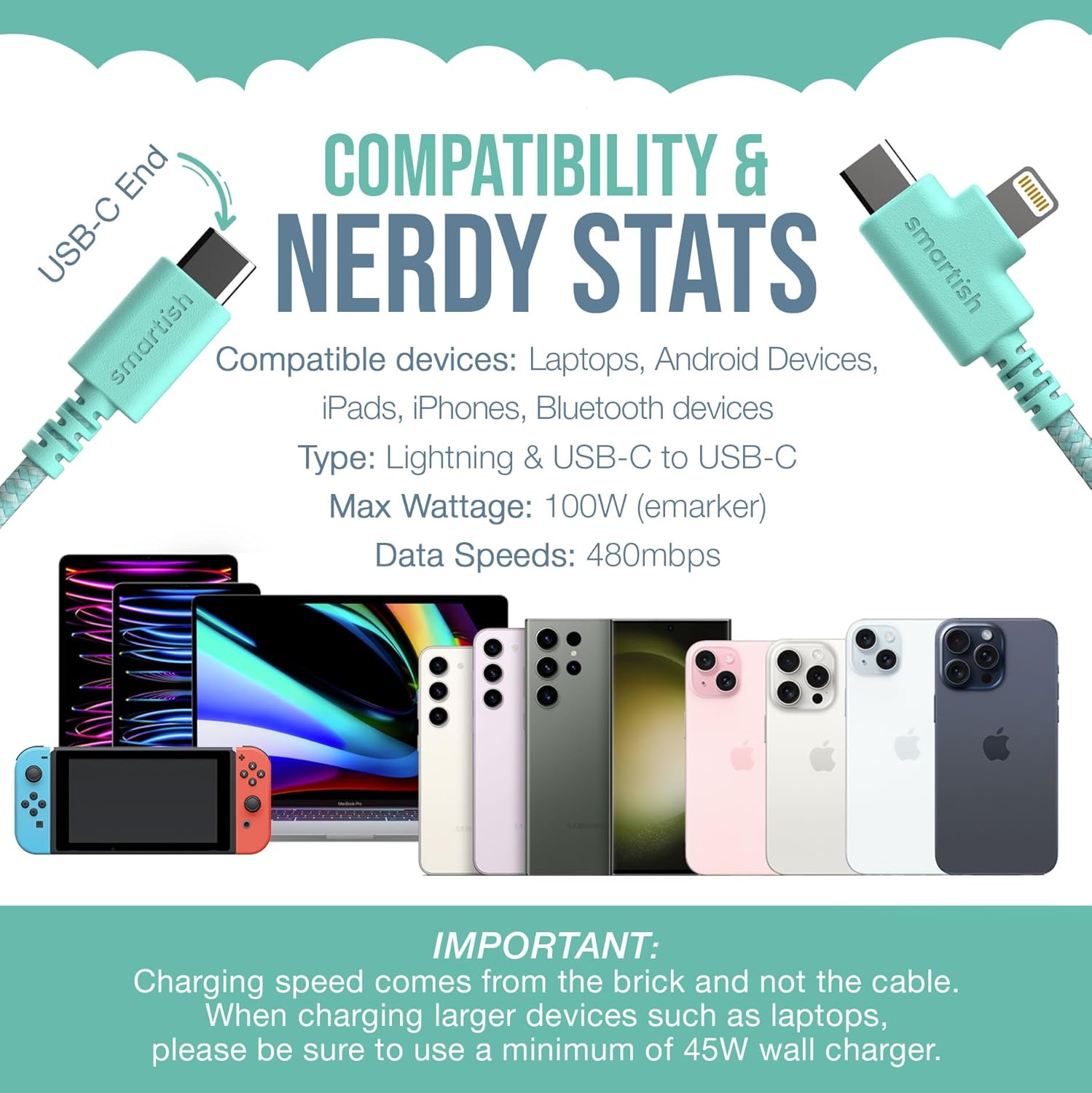 Smartish 2 in 1 USB C to USB C/Lightning Cable - Crown Joule - 6 Ft Fabric Wrapped Fast Charging Cord - for iPhone, Galaxy, Pixel - 100W Dual Fast Charger for Phones/Laptops - Teal Me More