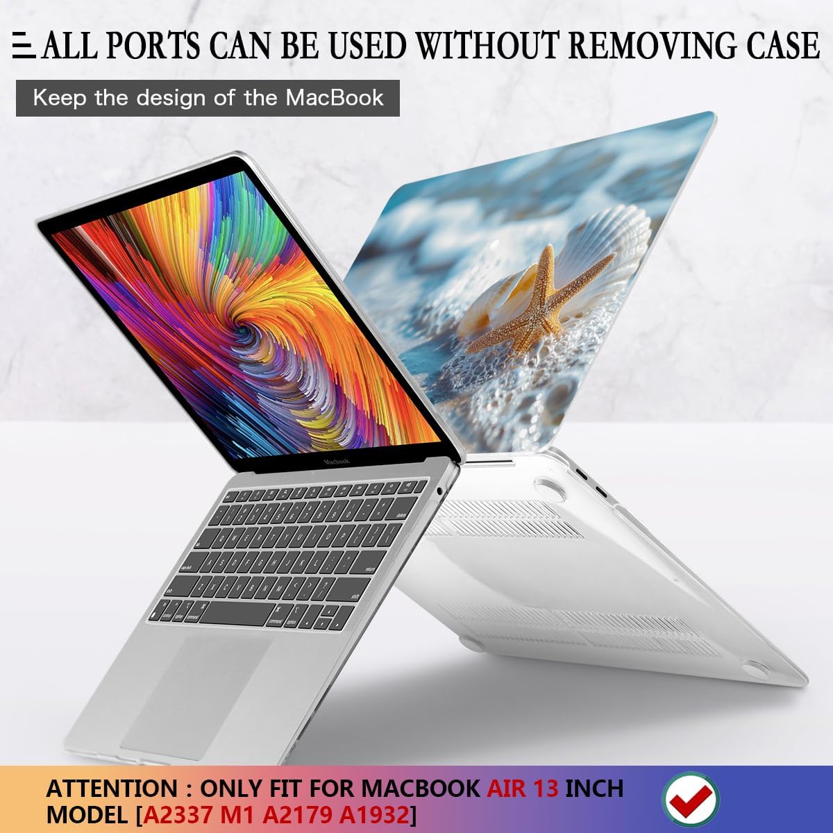 CISSOOK Compatible with MacBook Air 13-inch Case 2021 2020-2018 Release M1 A2337 A2179 A1932 Model with Touch ID, Plastic Hard Shell Protective Case with Keyboard Cover Screen Protector, Beach&Shell