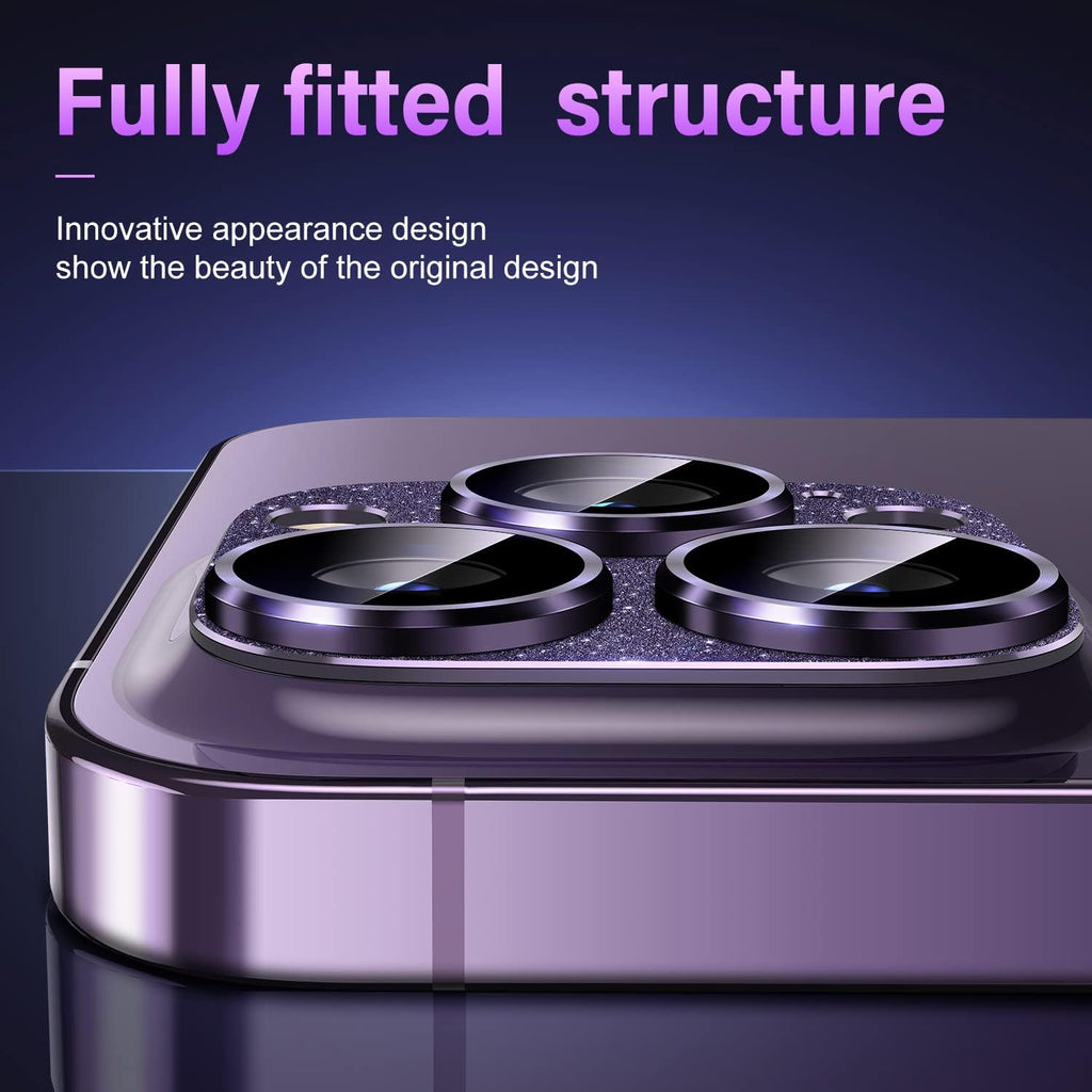 Uyiton for iPhone 14 Pro/iPhone 14 Pro Max Camera Lens Protector, [Drop Protection] 9H Tempered Glass Camera Cover screen Metal Ring Case Friendly Scratch Resistant Easy to Install - Glitter Purple