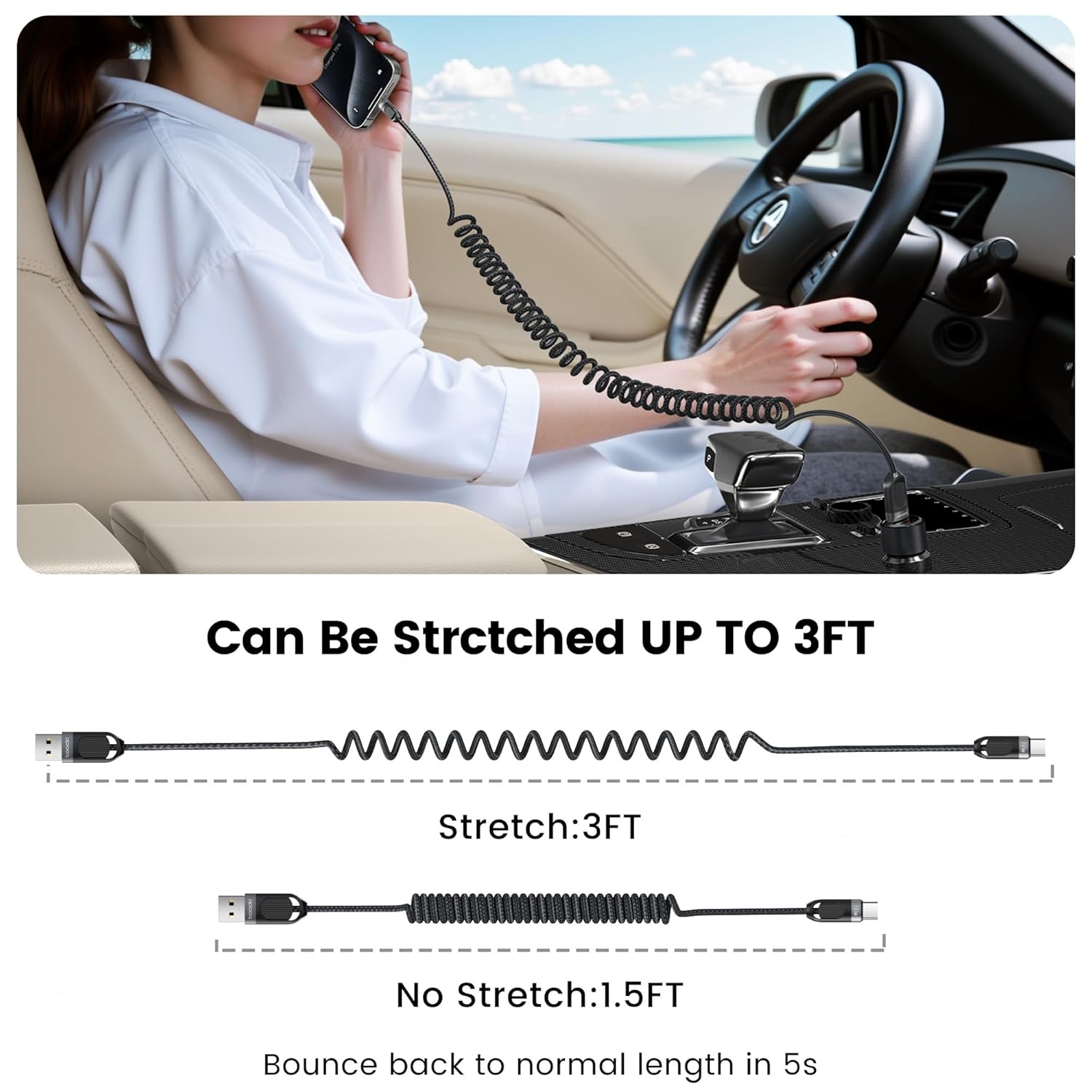 Coiled USB A to USB C 2Pack 3FT Braided Retractable Fast Charging Cable for Car, Compatible with iPhone 16/15 Pro Max/Galaxy S24/S23/S22, Supports Car Play & Android Auto-Black