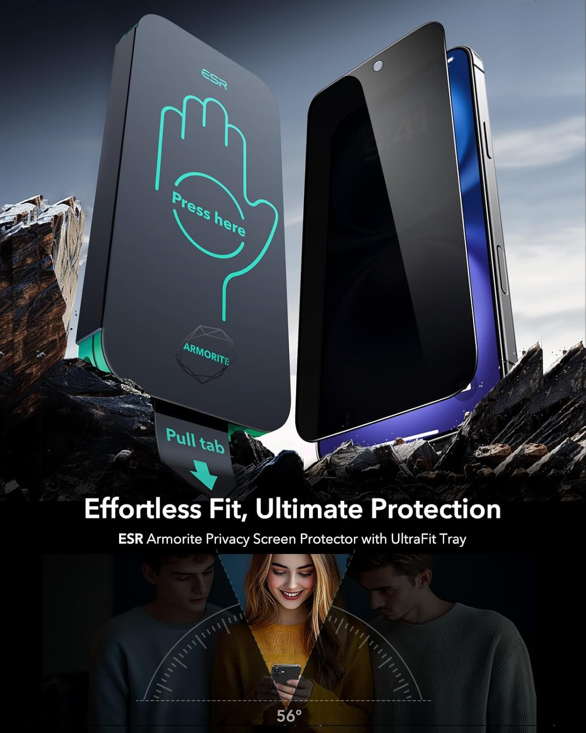 ESR 3 Pack 9H+ Glass for iPhone 16/ iPhone 15 Privacy Screen Protector, [Military Grade Shatterproof & Longest Durable] Armorite Anti-spy Tempered Glass with UltraFit Tray