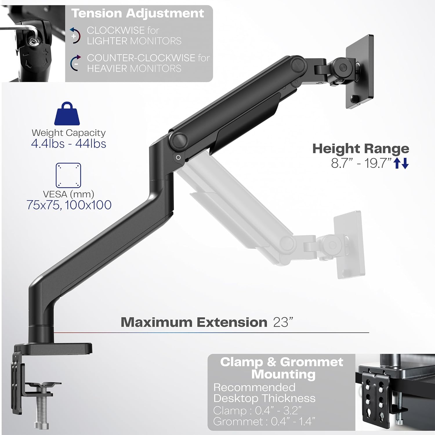 VIVO Heavy Duty Aluminum Ultrawide Monitor Tension Arm for up to 49 inch Screens, Holds 44 lbs, Premium Desk Mount Stand Designed for Samsung Odyssey G9 and More, Black, STAND-V101V