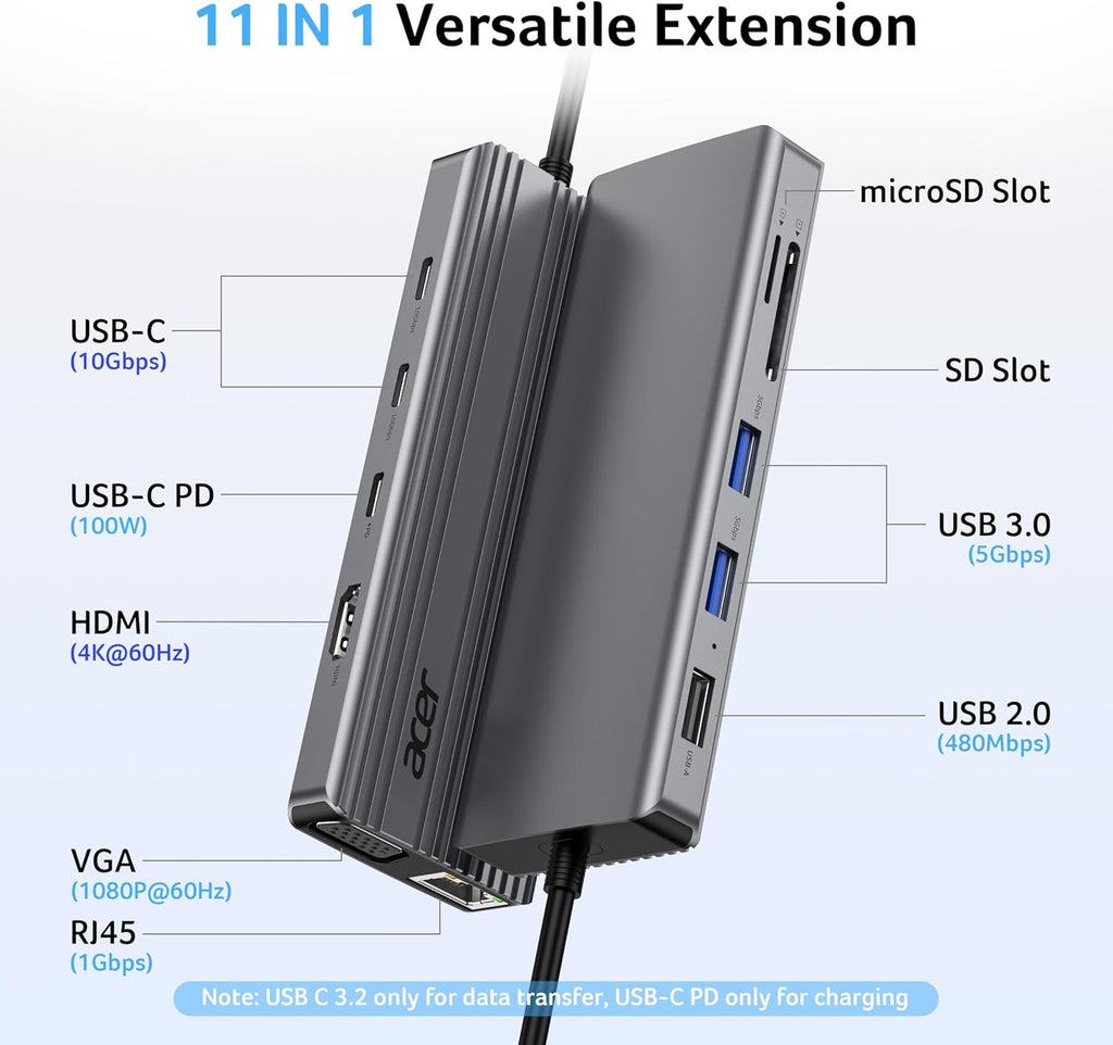 Acer 11 in 1 USB C HUB Multiport Adapter with 4K@60Hz HDMI, 1080P VGA, 2x10Gbps USB C, 2x5Gbps USB A, 100W PD Port, 1000Mbps Ethernet, SD/TF, Dual Monitor Docking Station for PC, Laptop, Desktop